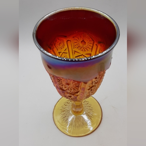 Vintage Set 2 Indiana Glass Carnival Iridescent Amberina Sunburst Goblets MCM - Picture 5 of 7